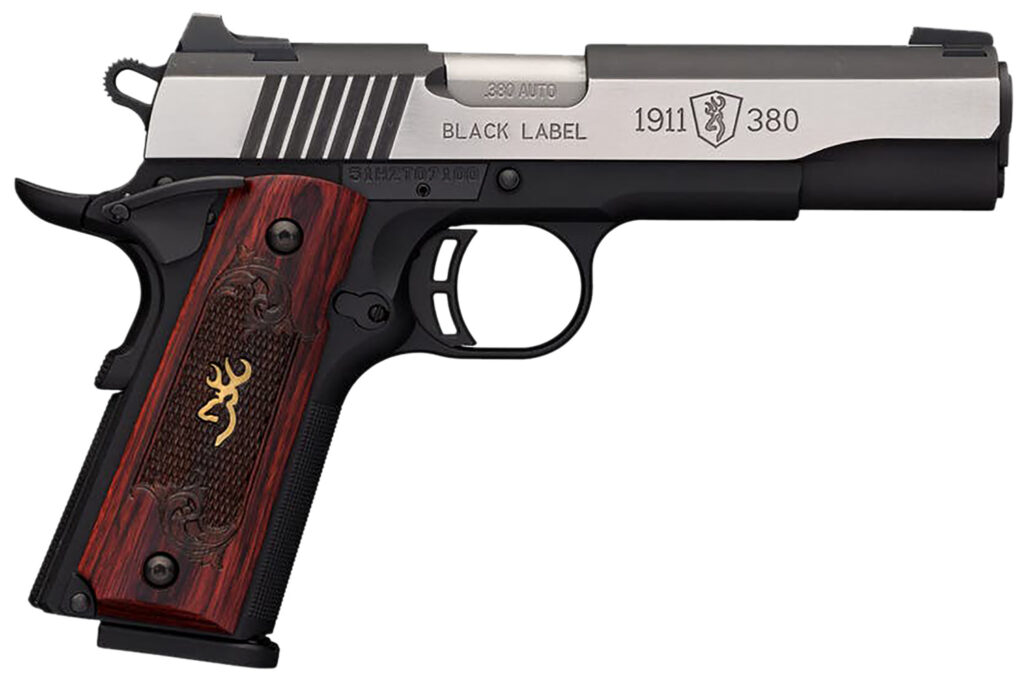 Browning 051912492 1911-380 Black Label Medallion Pro 380 ACP 8+1 4.25″ Target Crown Barrel, Blackened w/Silver Polished Flats Serrated SS Slide, Matte Black Polymer Frame  w/Beavertail
