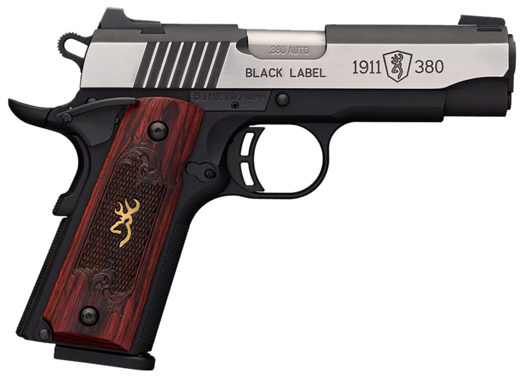 Browning 051913492 1911-380 Black Label Medallion Pro Compact 380 ACP 8+1, 3.63″ Target Crown Steel Barrel, Blackened w/Silver Polished Flats Serrated SS Slide, Matte Black Polymer Frame w/Beavertail