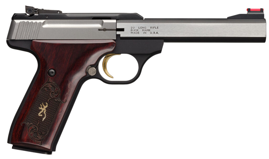 Browning 051543490 Buck Mark Medallion 22 LR 10+1 5.50″ Blackened SS Slab Side Barrel, Stainless Steel Serrated SS Slide, Matte Black Aluminum Frame, Checkered Rosewood w/Gold BuckMark Inlay Grip