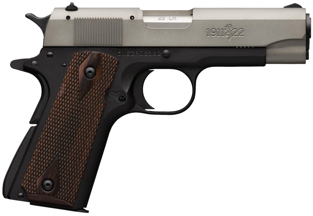 Browning 051879490 1911 A1 *CA Compliant Full Size Frame 22 LR 10+1. 4.25″ Stainless Steel Barrel, Gray Anodized Serrated Slide, Matte Black Alloy Frame w/Beavertail
