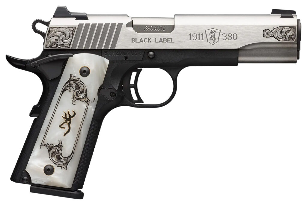 Browning 051966492 1911 Black Label Medallion Full Size Frame 380 ACP 8+1 4.25″ Matte Stainless Steel Barrel & Serrated Slide, Matte Black Polymer Frame w/Beavertail, White Imitation Pearl Grip