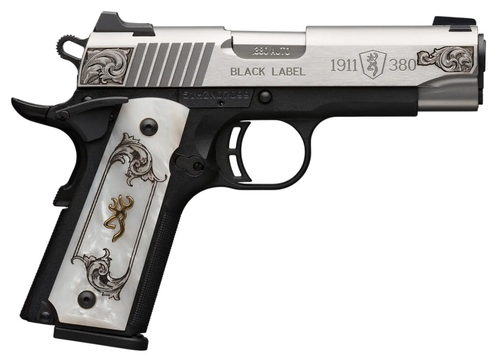 Browning 051967492 1911 Black Label Medallion Compact 380 ACP 8+1 3.63″ Matte Stainless Stainless Steel Barrel & Serrated Slide, Matte Black Polymer Frame w/Beavertail, White Imitation Pearl Grip
