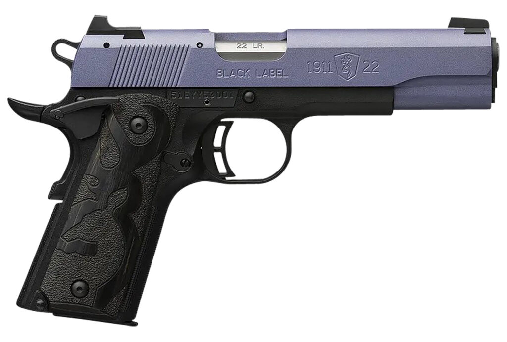 Browning 051893490 1911 Black Label Full Size Frame 22 LR 10+1, 4.25″ Matte Stainless Steel Barrel, Crushed Orchid Cerakote Serrated Slide, Matte Black Polymer Frame w/Beavertail