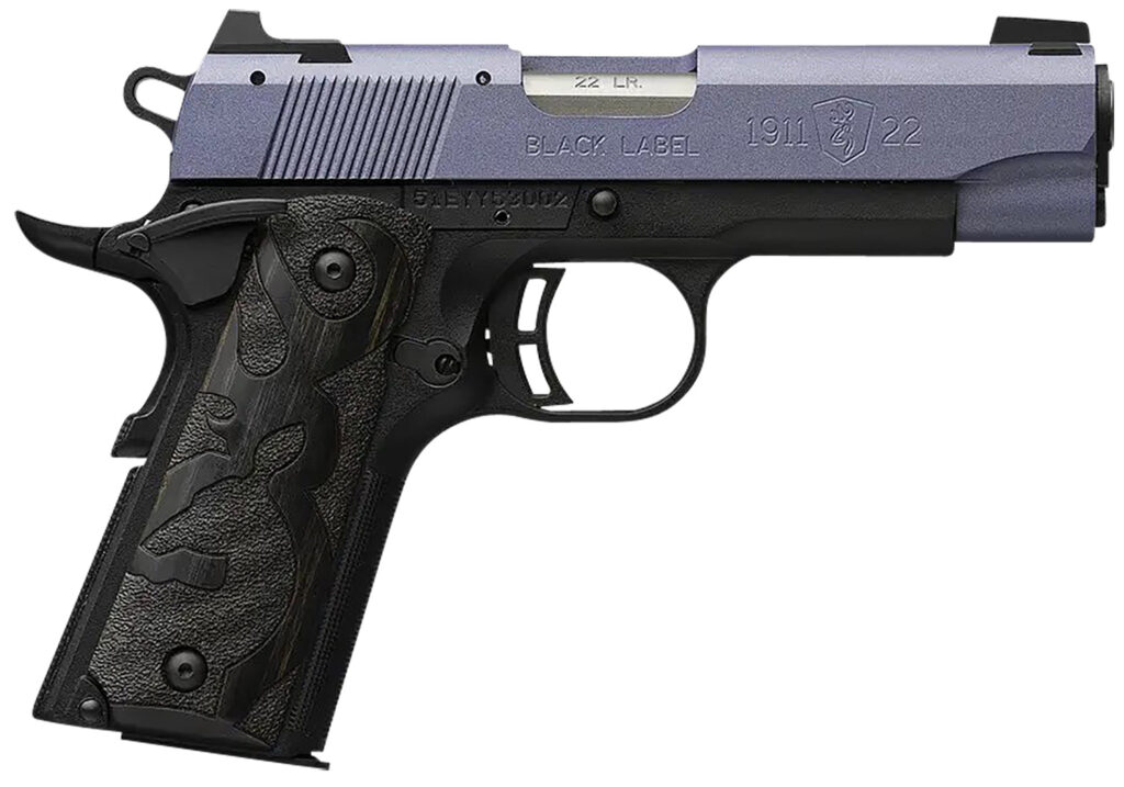 Browning 051894490 1911 Black Label Compact Frame 22 LR 10+1, 3.63″ Matte Stainless Steel Barrel, Crushed Orchid Cerakote Serrated Slide, Matte Black Polymer Frame w/Beavertail