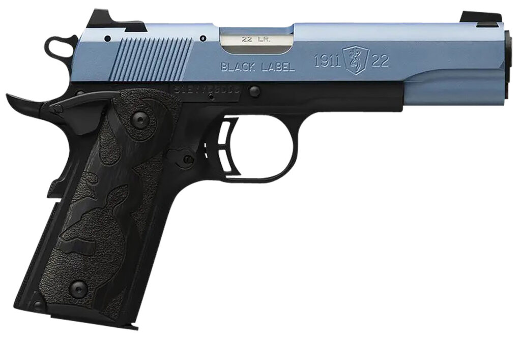 Browning 051897490 1911 Black Label Full Size Frame 22 LR 10+1, 4.25″ Matte Stainless Steel Barrel, Polar Blue Cerakote Serrated Slide, Matte Black Polymer Frame w/Beavertail, Black Laminate Wood Grip