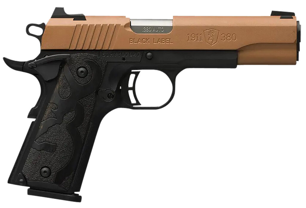 Browning 051987492 1911 Black Label Full Size Frame 380 ACP 8+1 4.25″ Matte Stainless Steel Barrel, Copper Cerakote Serrated Stainless Steel Slide, Matte Black Polymer Frame, Black Polymer Grip