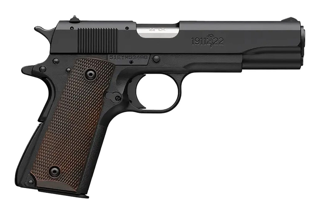 Browning 051063490 1911 A1 Full Size Frame 22 LR 10+1 4.25″ Stainless Steel Barrel, Matte Black Serrated Slide, Matte Black Polymer Frame, Brown Composite Grip