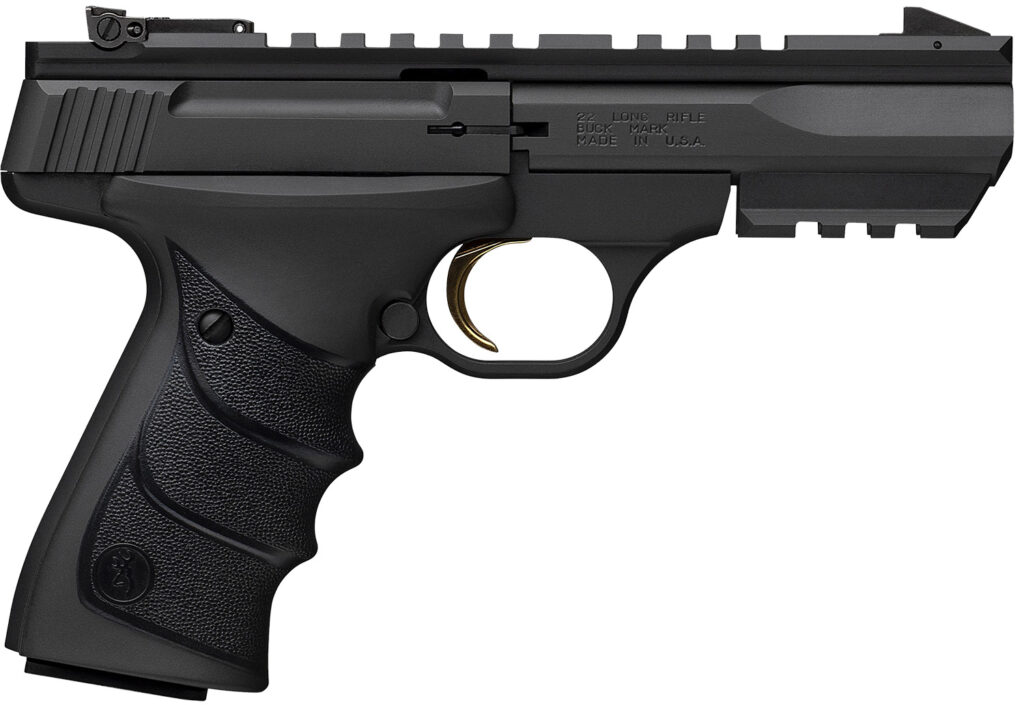 Browning 051602490 Buck Mark Black Label URX 22 LR 10+1 5.50″ Matte Blued Contoured Barrel, Matte Black Serrated Slide, Matte Black Aluminum Frame w/Picatinny Rail, Black UFX Overmolded Grip
