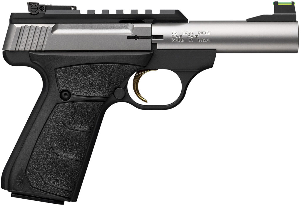 Browning 051605490 Buck Mark Plus Micro Bull 22 LR 10+1 4″ Stainless Bull Barrel, Stainless Serrated Slide w/Picatinny Rail, Matte Black Alloy Steel Frame, Black Overmolded UFX Grip
