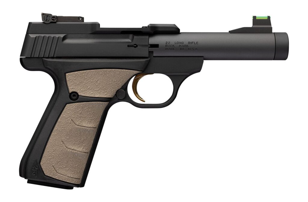 Browning 051609490 Buck Mark Micro Bull SR 22 LR 10+1 4.40″ Matte Black Threaded Bull Barrel, Matte Black Alloy Frame, Black/FDE Overmolded UFX Grip, RMSc Footprint