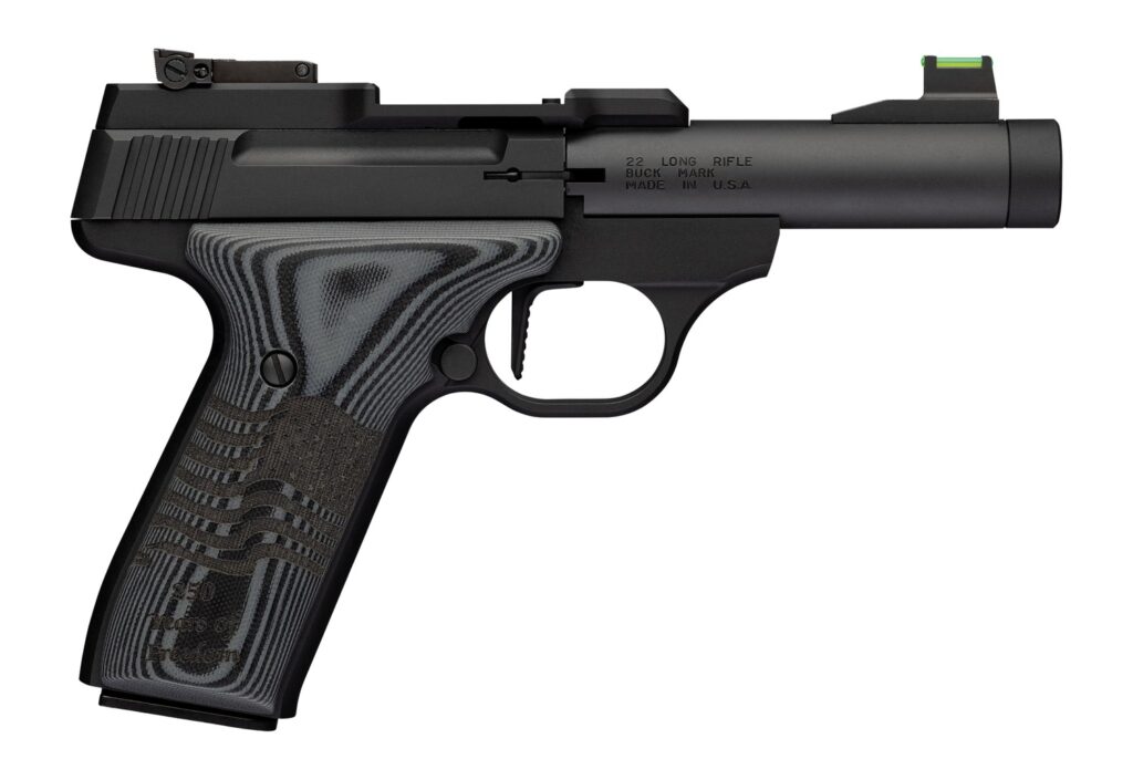 Browning 051611490 Buck Mark Black Label 250 SR 22 LR 10+1 4″ Matte Black Bull Threaded Barrel, Optics Cut Receiver, Matte Black Aluminum Frame,  Black G10 Grip w/ Inscribed Waving Flag, RMSc Footprin