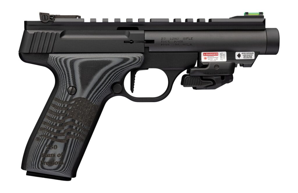 Browning 051612490 Buck Mark Black Label 250 SR 22 LR 10+1 4.40″ Matte Black Threaded Bull Barrel, Matte Black Aluminum Frame w/Picatinny Rail Top & Bottom, Black G10 Grip w/ Inscribed Waving Flag, Cr