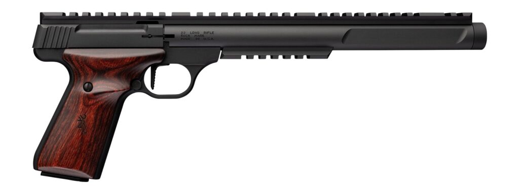 Browning 051613490 Buck Mark Hunter Varmint SR 22 LR 10+1 10.50″ Matte Black Threaded Barrel, Matte Black Aluminum Frame w/Top & Lower Picatinny Rail, Rosewood Laminate w/Buckmark Grip