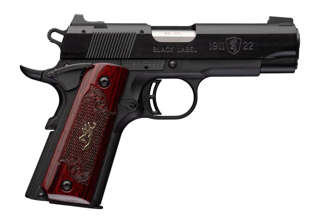 Browning 051070490 1911 Black Label Medallion Compact 22 LR 10+1 3.63″ Matte Stainless Barrel, Black Anodized Aluminum Serrated Slide, Matte Black Polymer Frame w/Beavertail, Rosewood w/Gold BuckMark