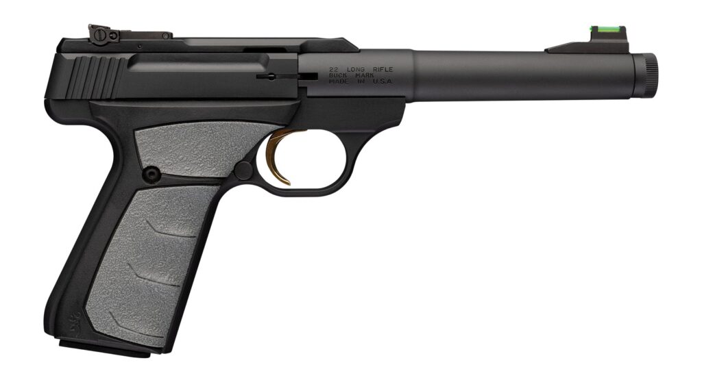 Browning 051617490 Buck Mark Camper 22 LR 10+1 5.90″ Matte Black Threaded Bull Barrel, Matte Black Aluminum Frame, Gray UFX Grip