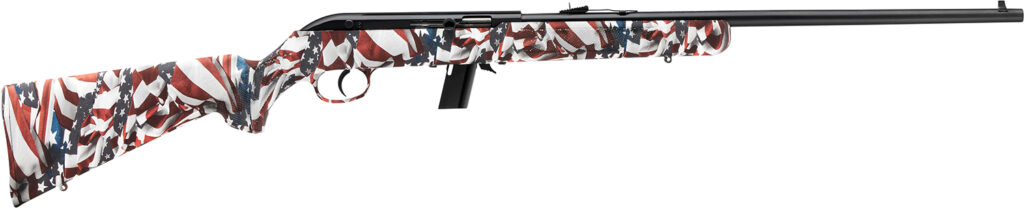 Savage Arms 40222 64 F Full Size 22 LR 10+1 21″ Matte Black Carbon Steel Barrel, Matte Black Grooved Carbon Steel Receiver, American Flag Fixed Synthetic Stock, Right Hand