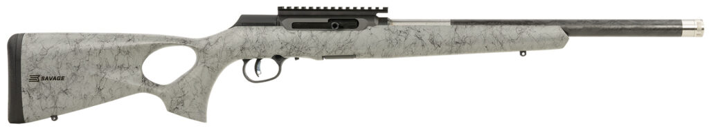 Savage Arms 47253 A Series TimberLite 22LR 10+1 18″ Black Threaded Carbon Fiber/SS Barrel, Black Picatinny Rail Steel Receiver, Gray w/Black Webbing Synthetic Fixed Thumbhole Stock