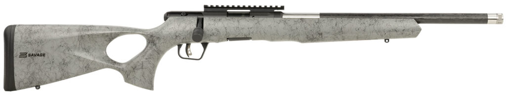 Savage Arms 70218 B Series TimberLite 22 LR 10+1 18″ Carbon Fiber Threaded Barrel, Matte Black Picatinny Rail Carbon Steel Receiver, Gray w/Black Webbing Fixed Thumbhole Synthetic Stock