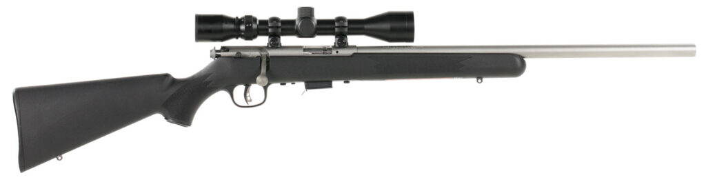 Savage Arms 95200 93 FVSS XP Full Size 22 WMR 5+1 21″ Matte Stainless Heavy Barrel, Matte Drilled & Tapped Stainless Steel Receiver, Matte Black Fixed Synthetic Stock, 3-9x40mm Duplex, Right Hand