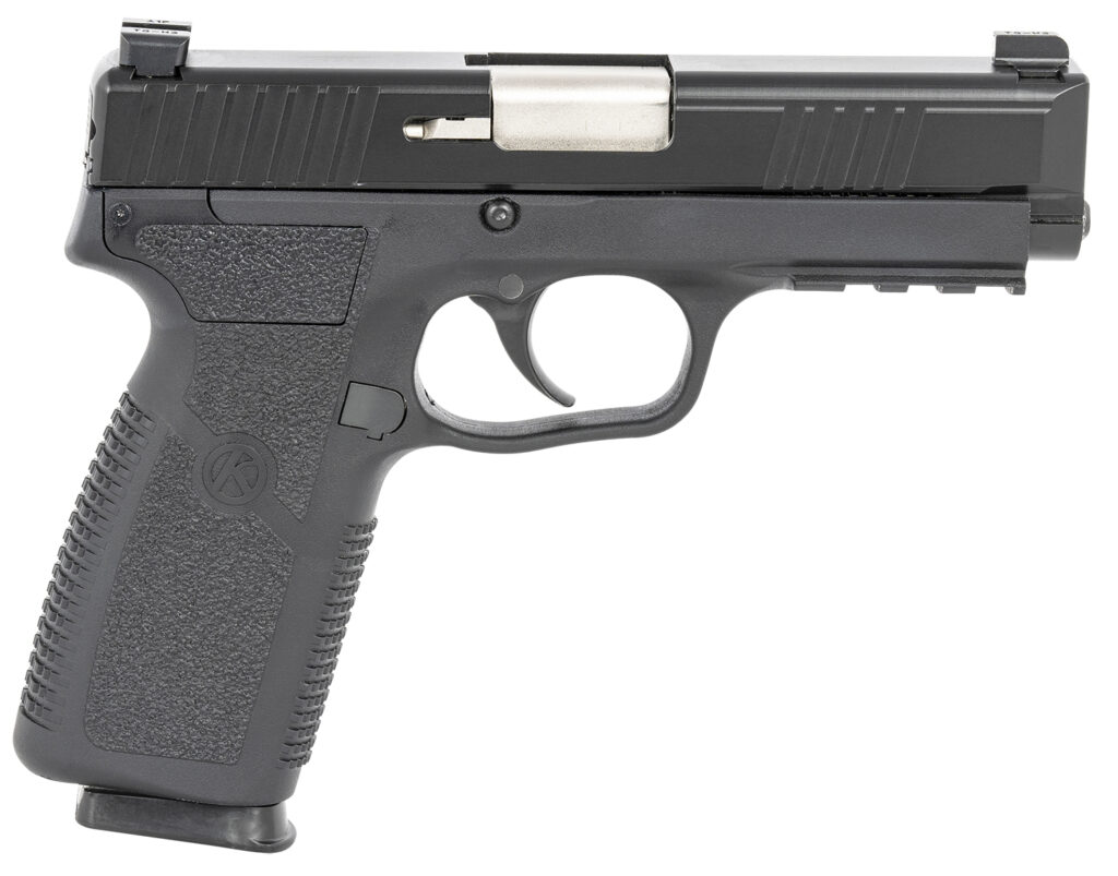 Kahr Arms TP90S94N TP9-2  9mm Luger Caliber with 4″ Barrel, 8+1 Capacity, Black Finish Picatinny Rail Frame, Serrated Matte Black Stainless Steel Slide, Textured Polymer Grip & TruGlo Night Sights