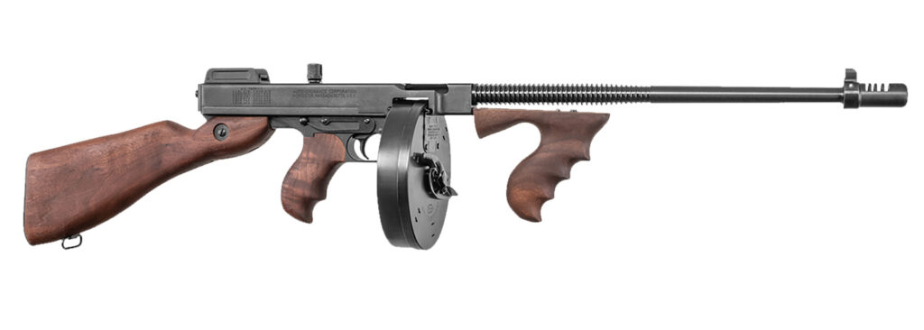 Thompson T150D 1927A-1 Deluxe 45 ACP Caliber with 16.50″ Barrel, 20+1 Capacity (Stick), 50+1 Capacity (Drum), Blued Metal Finish, American Walnut Stock Wood Grip Right Hand