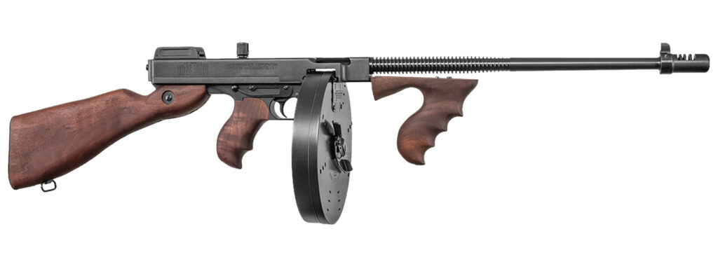 Thompson T1100D 1927A-1 Deluxe Carbine 45 ACP Caliber with 18″ Barrel, 20+1 Capacity (Stick), 100+1 Capacity (Drum), Blued Metal Finish, American Walnut Stock Wood Grip Right Hand
