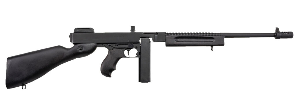 Thompson T1C 1927A-1 Commando Carbine 45 ACP Caliber with 16.50″ Barrel, 20+1 Capacity (Stick), Black Parkerized Metal Finish, Black Fixed Stock Right Hand Includes Black Nylon Sling