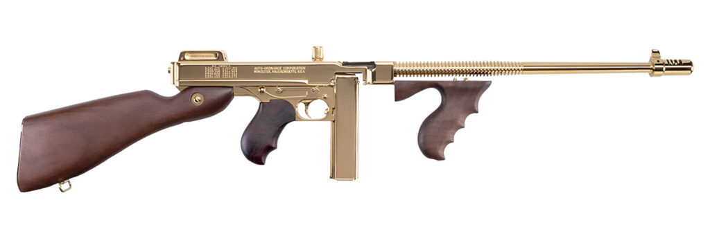Thompson T150DTG 1927A-1 Deluxe 45 ACP Caliber with 16.50″ Barrel, 20+1 Capacity (Stick), 50+1 Capacity (Drum), Titanium Gold Metal Finish, American Walnut Stock Wood Grip Right Hand