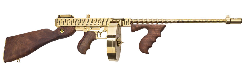 Thompson T150DTGTS 1927A-1 Deluxe 45 ACP Caliber with 16.50″ Barrel, 20+1 Capacity (Stick), 50+1 Capacity (Drum), Gold w/Tiger Stripe Metal Finish, American Walnut Stock Wood Grip Right Hand
