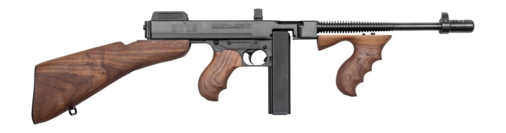 Thompson T1BSB 1927A-1 T1BSB Deluxe Carbine SBR 45 ACP 20+1 10.50″ Blued Finned Barrel w/Compensator, Blued Steel Receiver, Walnut Vertical Grip Forend, Detachable American Walnut Buttstock & Grip