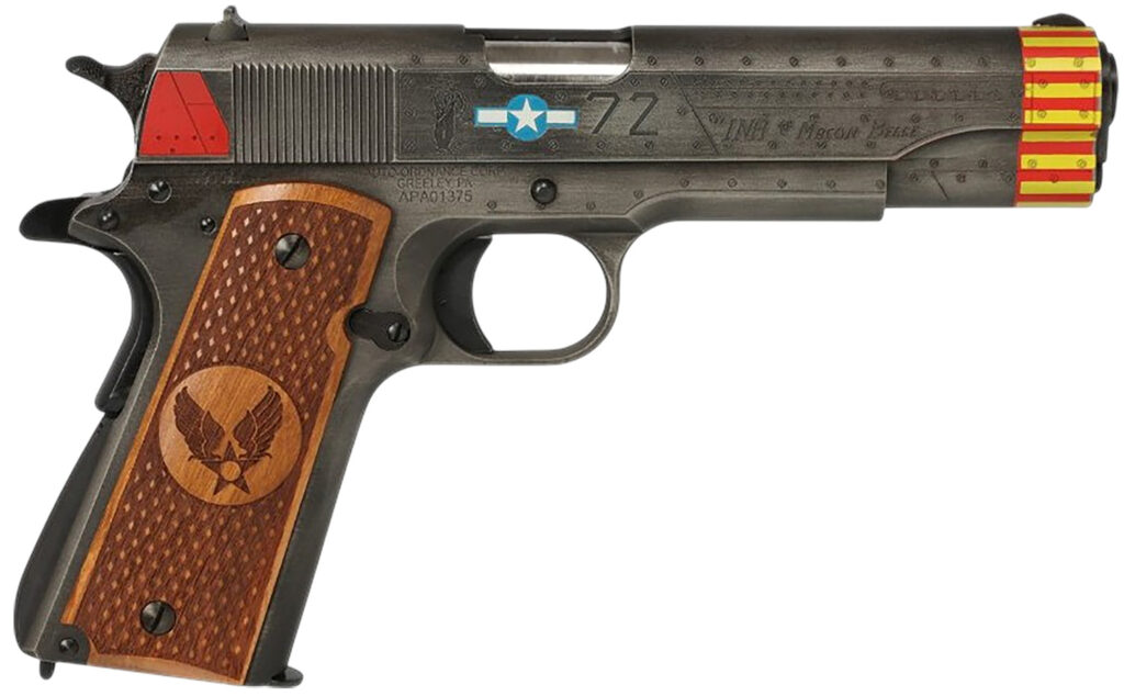 Auto-Ordnance 1911BKOC18 1911 Red Tails Full Size Frame 45 ACP 7+1 5″ Stainless Steel Barrel, Savage Cerakote Serrated Slide, Savage Cerakote Steel Frame w/Beavertail, Custom Engraved Wood Grip