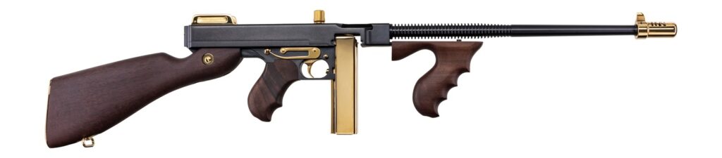 Auto-Ordnance T1ABTG 1927A-1 Deluxe Special Edition Carbine 45 ACP 20+1 18″ Black Compensated Barrel, Black Steel w/Titanium Gold Appointments Receiver, American Walnut Furniture, Gold Plated Buttplat