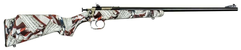 Crickett KSA2168 Youth  22 LR 1rd 16.12″ Blued Barrel & Receiver, Fixed Front/Adjustable Rear Peep Sight, American Flag/Amendment Synthetic Stock w/11.5″ LOP, Rebounding Firing Pin Safety