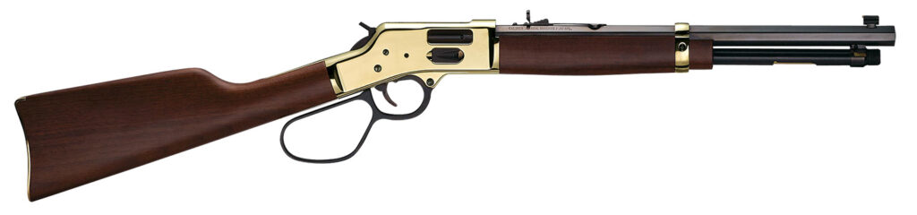 Henry H006GMR Side Gate Carbine 357 Mag/38 Special 7+1 16.50″ Blued Octagon Barrel, Polished Brass Rec, American Walnut Stock, Adj. Sight, Large Loop Lever