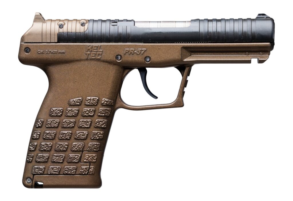 Kel-Tec PR57BBRZ PR-5.7  Compact Frame 5.7x28mm 20+1 4″ Stainless Steel Rotary Barrel, Black Optic Ready/Serrated Slide, Burnt Bronze Frame & Textured Grip