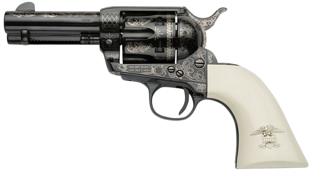Pietta GW9LLE312NMUI Great Western II Liberty 9mm Luger 6rd 3.50″ Blued Engraved Octagon Steel Barrel & Cylinder, Blued Engraved Steel Frame, Ultra Ivory w/Engraved Liberty Eagle Grip, Exposed Hammer