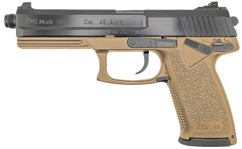 HK 81000869 Mark 23  45 ACP 10+1 5.87″ Black Threaded Barrel, Black Cerakote Serrated Steel Slide, Flat Dark Earth Polymer Frame w/Accessory Rail, Textured Grip