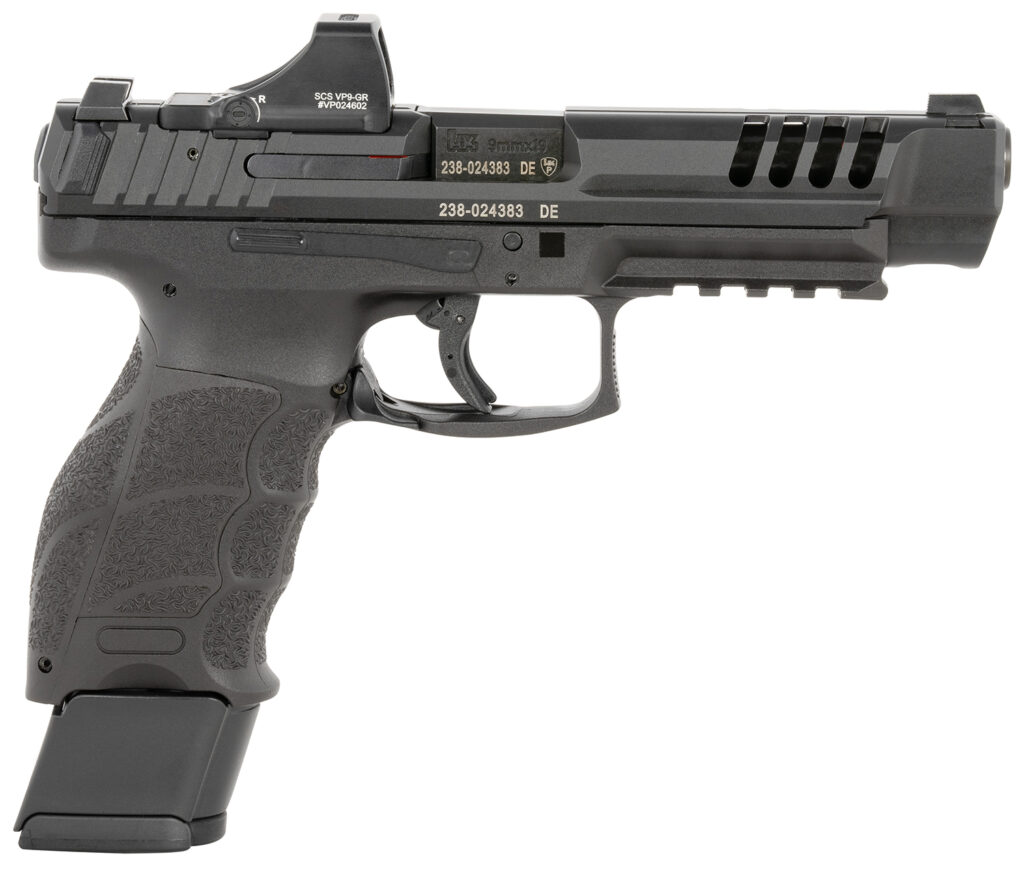 HK 81001159 VP9L SCS 9mm Luger 15+1 5″ Black Polygonal Rifled Barrel, Long/Lightening Cuts/Optic Cut SCS Steel Slide, Polymer Frame w/Picatinny Rail, Black Interchangeable Backstrap Grip