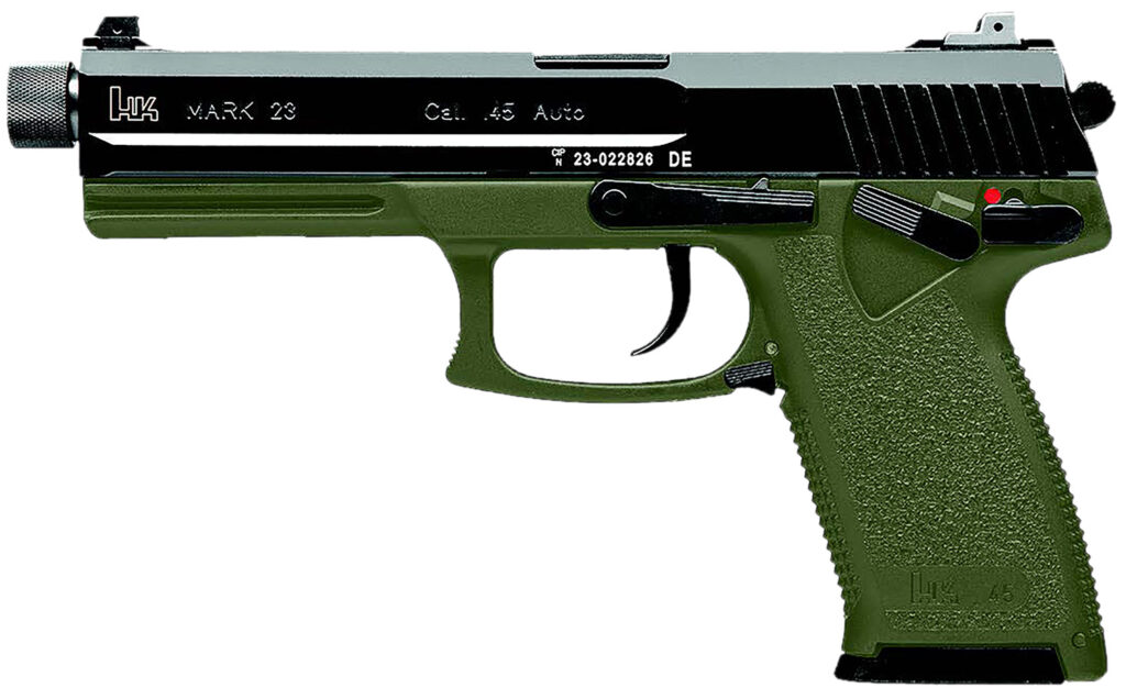 HK 81001074 Mark 23  45 ACP 12+1 5.87″ Black Threaded Barrel, Black Cerakote Serrated Steel Slide, OD Green Polymer Frame w/Accessory Rail, Textured Grip