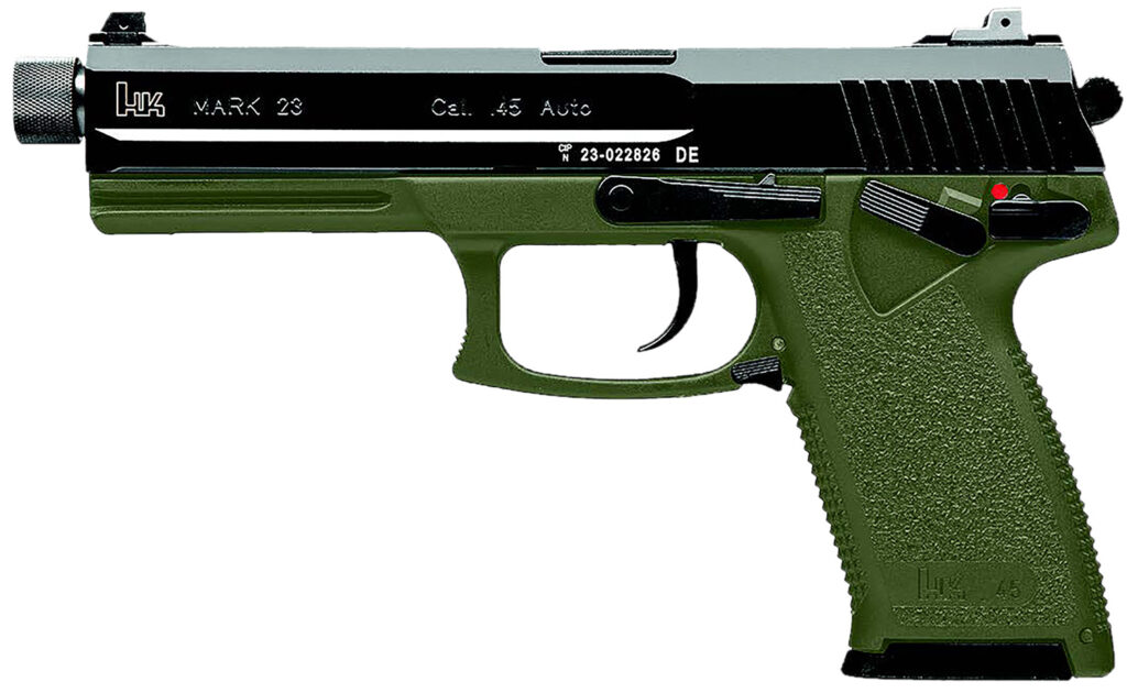 HK 81001075 Mark 23  45 ACP 10+1 5.87″ Black Threaded Barrel, Black Cerakote Serrated Steel Slide, OD Green Polymer Frame w/Accessory Rail, Textured Grip