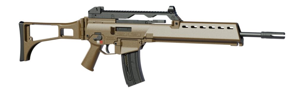 HK 81001321 G36  22 LR 20+1 18.13″ Black Barrel w/Flash Suppressor, Flat Dark Earth Receiver w/Picatinny Rail, Flat Dark Earth Folding Synthetic Stock, Polymer Grip