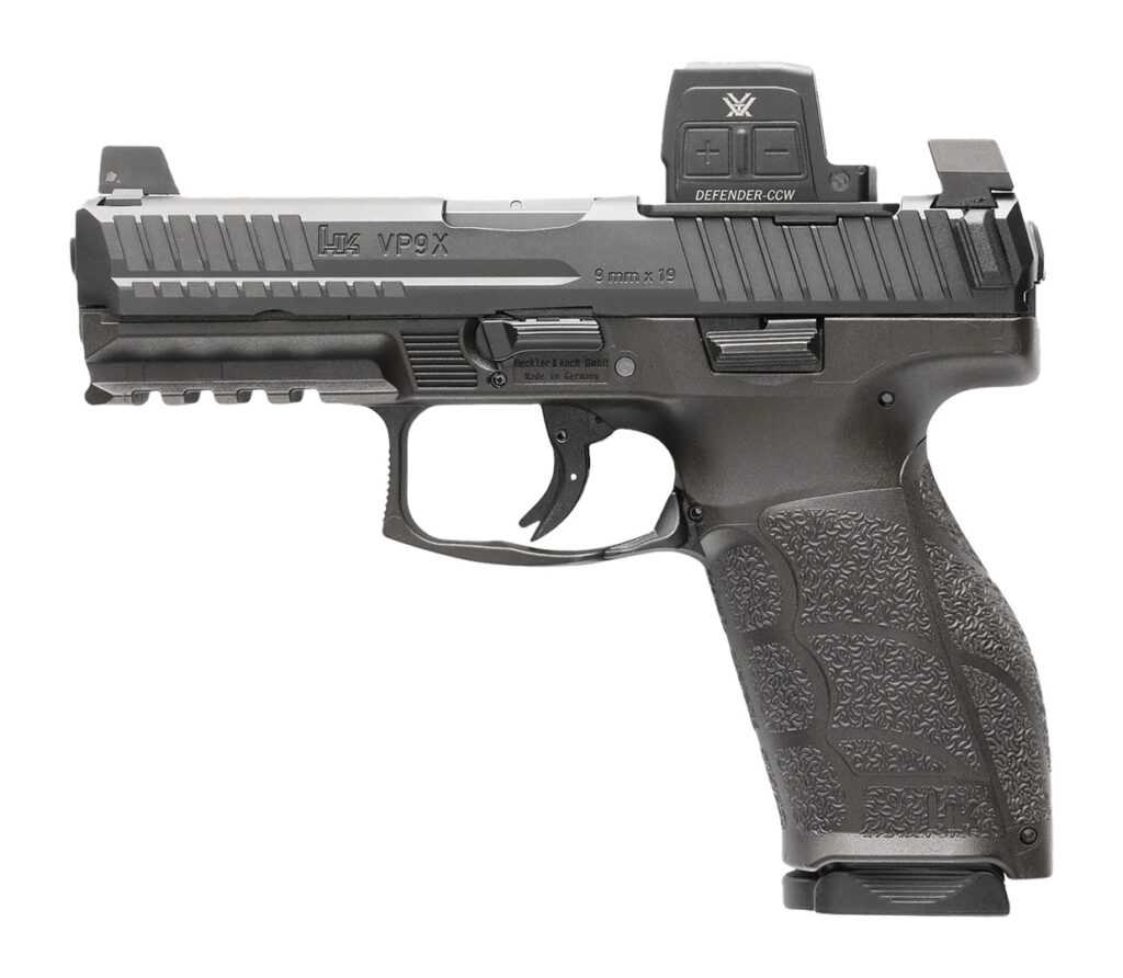 HK 81001355 VP9A1 X w/Optic Full Size Frame 9mm Luger 20+1 4.09″ Black Barrel, Black Steel Serrated w/Optic Slide, Black Polymer Frame w/Picatinny Rail, Textured Grip, Vortex CCW