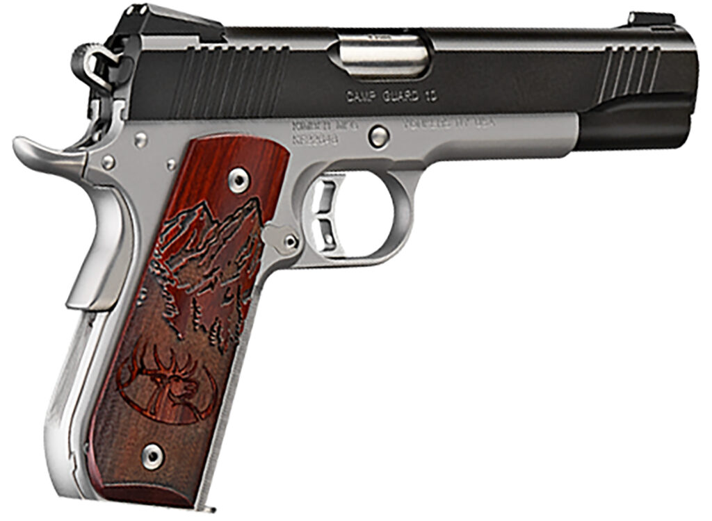 Kimber Mfg, Inc 3000233 Camp Guard  10mm Auto 8+1 5″ Stainless Match Grade Barrel, Matte Black Serrated Stainless Steel Slide, Satin Silver Stainless Steel Frame w/Beavertail, Rosewood Grip