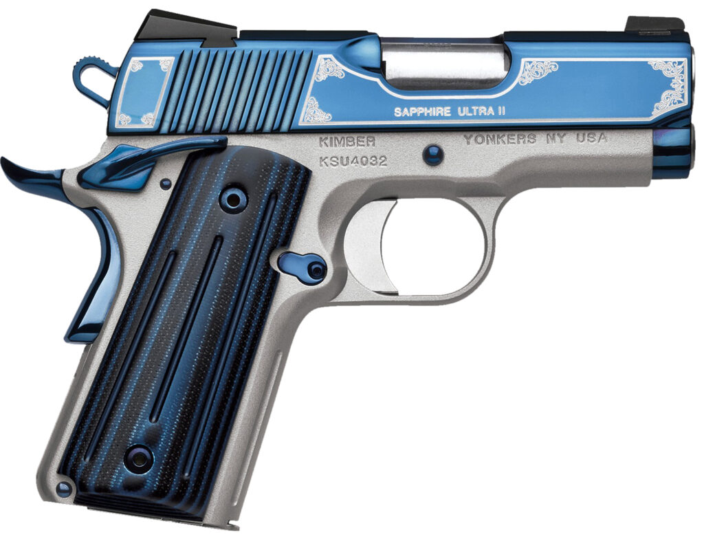 Kimber Mfg, Inc 3200273 Ultra II  9mm Luger 8+1 3″ Stainless Match Grade Barrel, Engraved Sapphire Blue PVD Serrated Stainless Steel Slide, Satin Silver Aluminum Frame w/Beavertail, G10 Grip