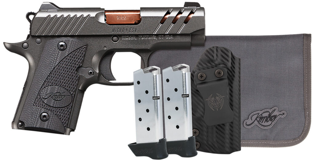 Kimber Mfg, Inc 3300254 Micro 9 Bundle 7+1 3.15″ Rose Copper TiN Match Grade Barrel, KimPro II Gray Lightening Cut/Serrated Stainless Steel Slide, Kimpro II Gray Aluminum Frame, Black G10 Grip