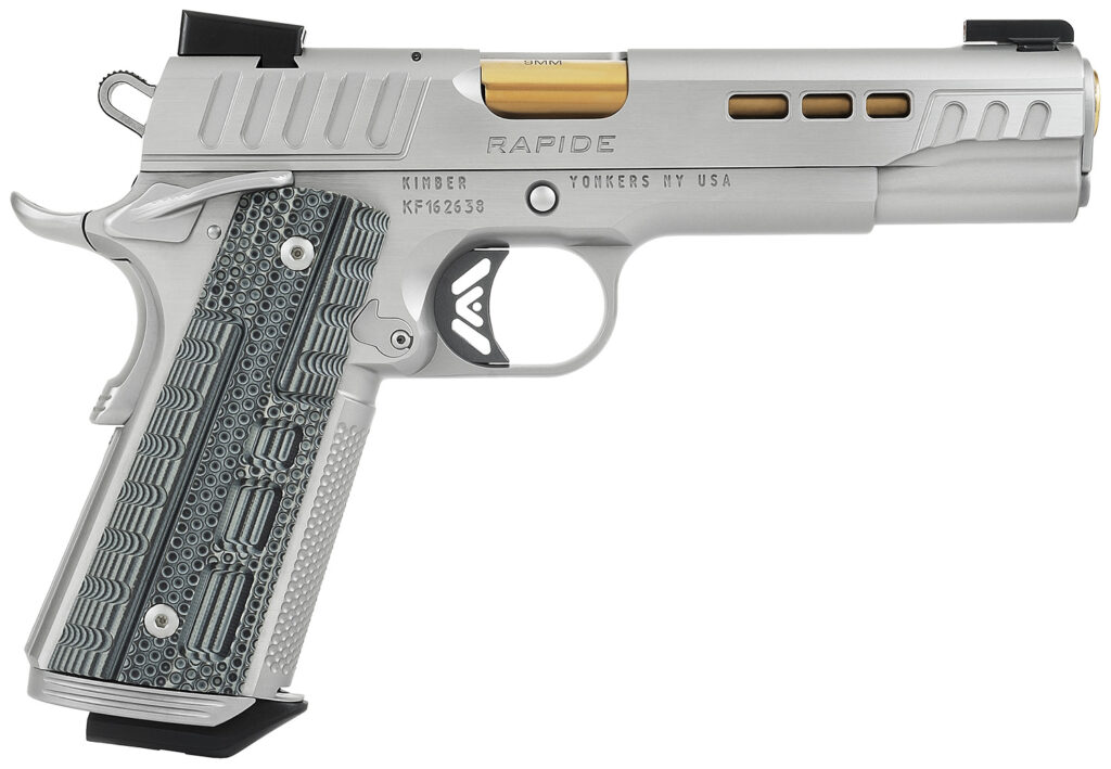 Kimber Mfg.,inc 3000420CA Rapide Dawn (CA) (MA) 9mm 9+1 5″ KimPro Silver Front and Rear Serrations Stainless Steel Slide Gray/black Rapide G10 Grip