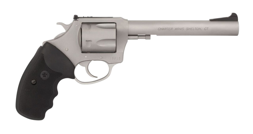 Charter Arms 73566 Mag Pug Target Extra Large 357 Mag, 6 Shot 6″ Matte Stainless Steel Barrel, Cylinder & Frame w/Black Finger Grooved Rubber Grip