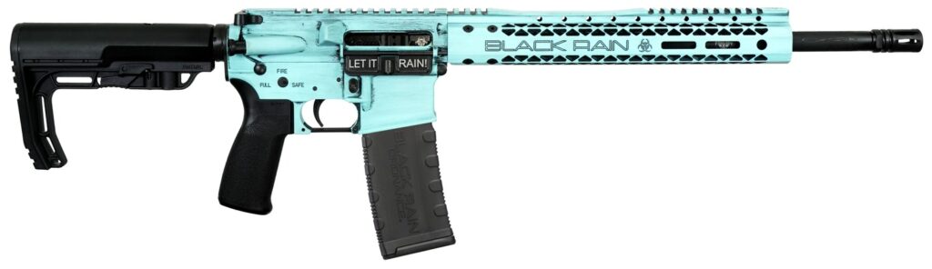 Black Rain Ordnance FUSIONTBB Fission  5.56 NATO 30+1 16″ Black Nitride Threaded Barrel, Robin Egg Blue Battleworn Aluminum Receiver w/Picatinny Rail, M-LOK Handguard, MFT Minimalist Black Polymer Sto