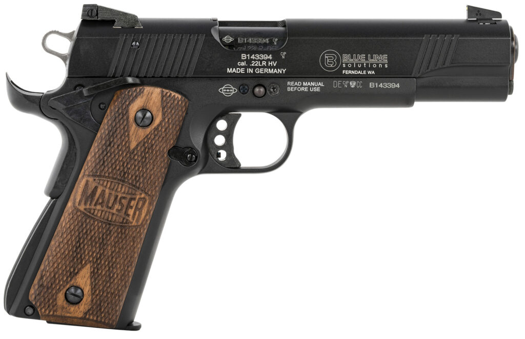 Mauser Rimfire 4110605 1911  22 LR 10+1 5″ Black Steel Barrel, Black Aluminum Slide, Black Aluminum Frame w/Beavertail, Walnut Grip, Ambidextrous