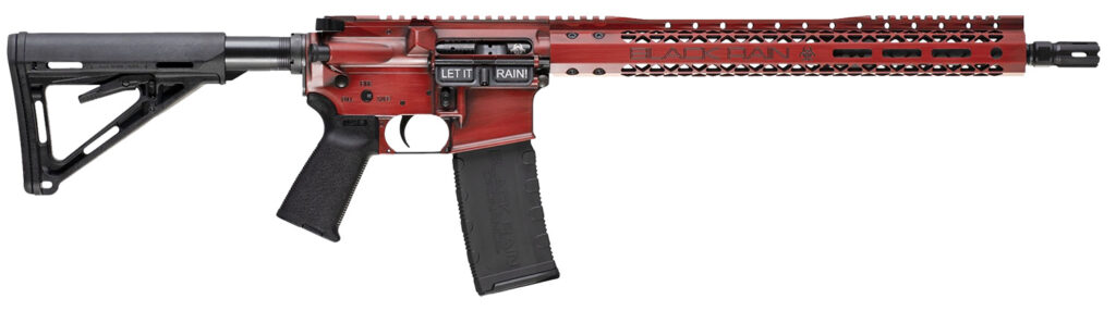 Black Rain Ordnance BROWTPRB Spec 15+ We The People 5.56x45mm NATO 30+1 16″, Red Battleworn with Deep Engraving, 15″ Slim M-LOK, Magpul Grip/Carbine Stock, Castle Flash Hider